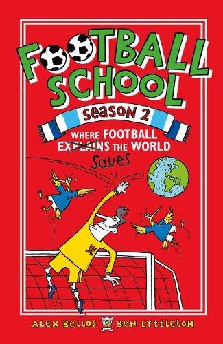 "Red book cover with cartoon football players and title 'Football School Season 2' in green letters."