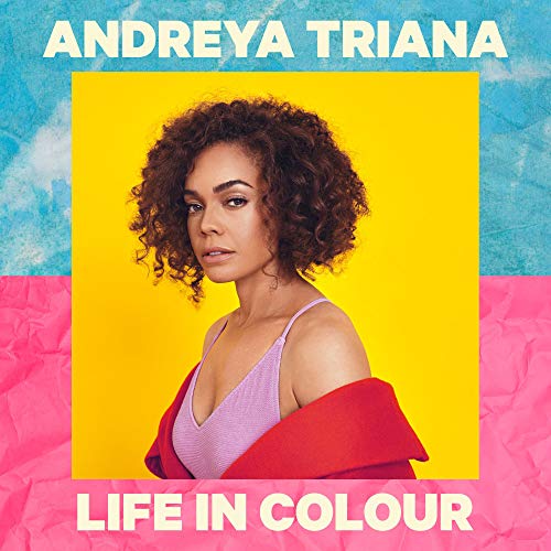 Album cover with a woman against a yellow background, surrounded by blue and pink.