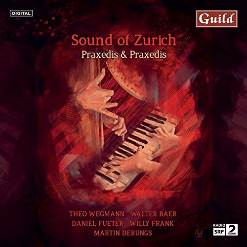 "CD cover with harp and piano hands, red and black abstract background, artist names listed."