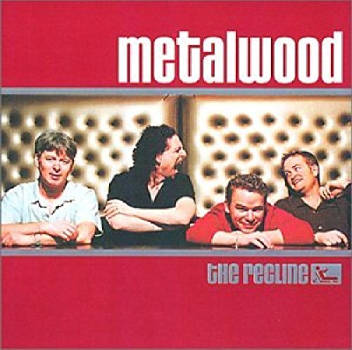 Album cover with four men leaning on a red surface, against a beige background.