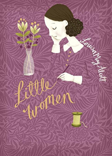 "Book cover of 'Little Women' featuring a woman sewing, with flowers and thread."