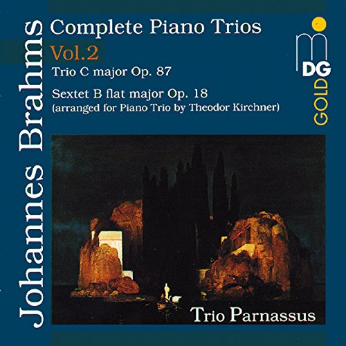 "CD cover with dark blue background, painting, and white text, featuring 'Johannes Brahms' and 'Trio Parnassus'."