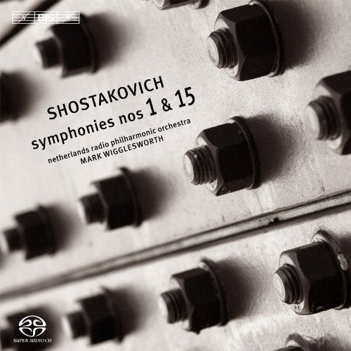 Album cover: close-up of metal surface with bolts, Shostakovich's symphonies listed.