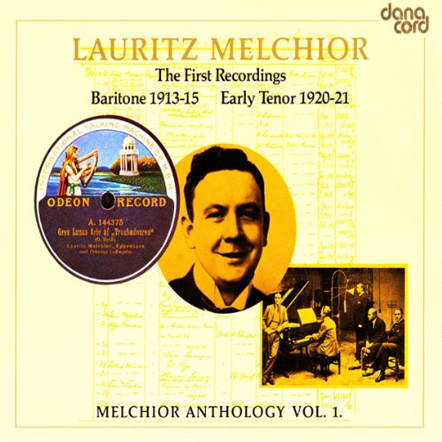 Yellow CD cover with Lauritz Melchior's portrait and historical record label image.