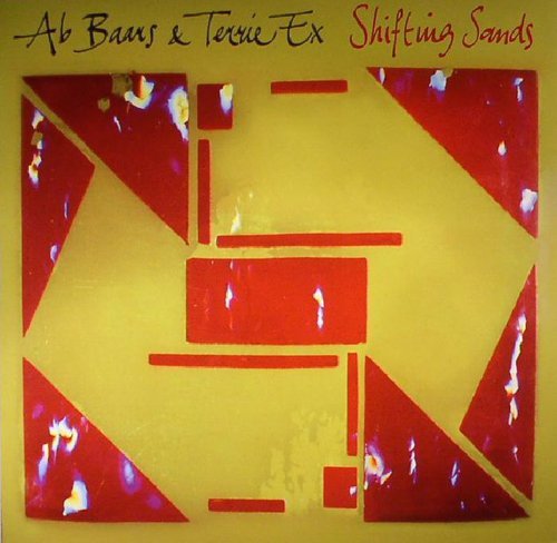 "Album cover with red geometric shapes on yellow background, titled 'Shifting Sands'."