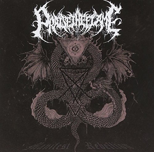 "Album cover with a snake, inverted pentagram, and all-seeing eye on a black background."
