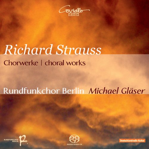 CD cover for Richard Strauss choral works with cloudy orange background and white text.