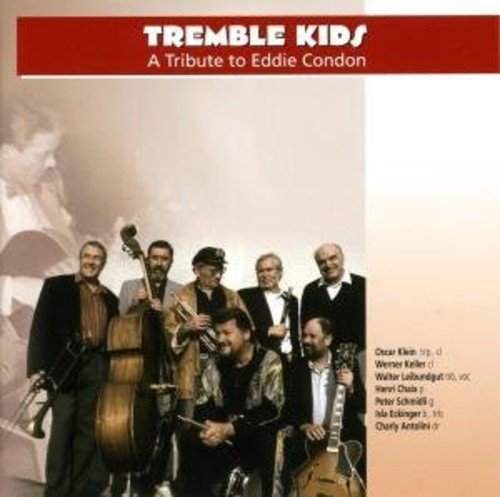 "CD cover with 'Tremble Kids' title, seven musicians, and musical instruments."