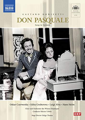DVD cover for "Don Pasquale" with black-and-white image of man and woman.