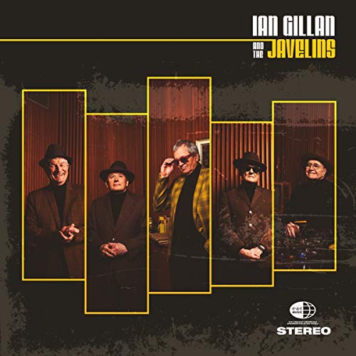 Vinyl album cover featuring five men in dark attire, with yellow rectangles around them.