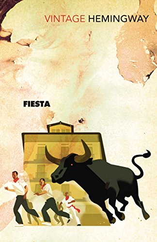 The image depicts a book cover with a yellow background and a dark green silhouette of a bull's head, featuring curved horns. The title "FIESTA" is written in red text above the bull, while the author's name "HEMINGWAY" is displayed in black text below. A small quote is visible in the bottom-right corner of the bull's silhouette. Alt text: Yellow book cover with green bull silhouette and red title "FIESTA", by Hemingway.