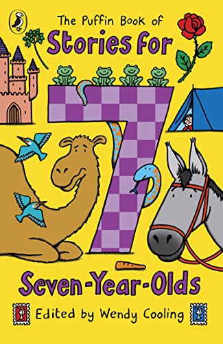 "The Puffin Book of Stories for 7 Year Olds" cover, bright yellow, cartoon characters surround title.