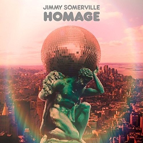 "Album cover with a statue holding a disco ball, cityscape in the background."