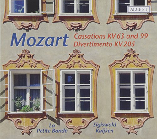"CD cover with ornate windows and Mozart's name in blue and red text."