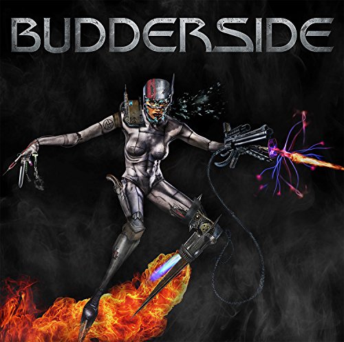 "Album cover featuring a futuristic female robot with guns, amidst flames and smoke."