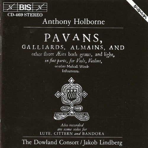Black CD cover with white text and decorative emblem, featuring Anthony Holborne's music.