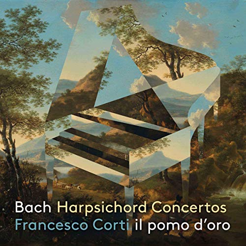 CD cover with abstract harpsichord graphic over a scenic landscape painting.