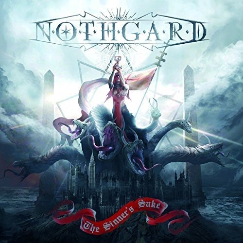 "Album cover art: 'Nothgard' with dark, fantasy scene and red banner."