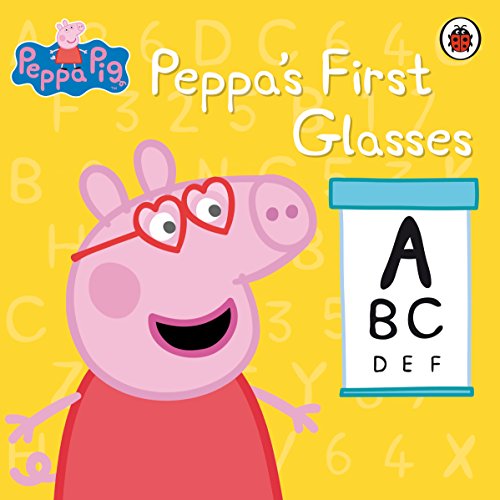 "Cartoon pig in red dress and glasses on yellow background with alphabet chart."