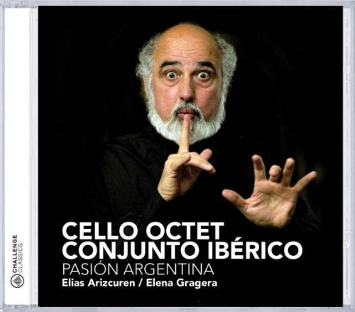 A CD case with a man making a shushing gesture on a black background.