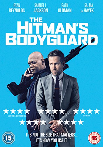 "The Hitman's Bodyguard" DVD case with two men on a blue background.