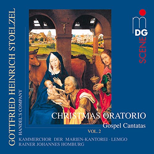 "Blue CD cover featuring a nativity scene painting with 'Christmas Oratorio' text."