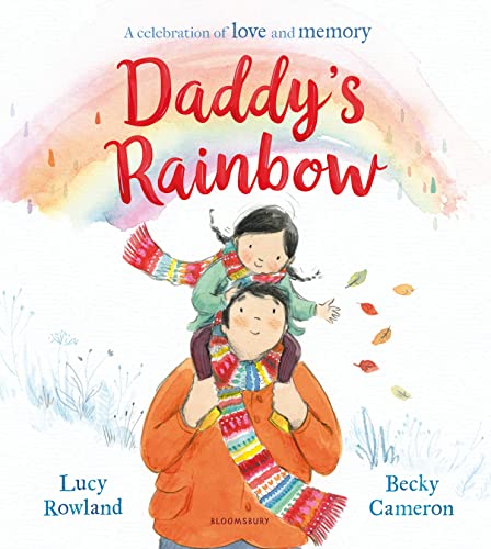A children's book with a rainbow-colored cover and a father holding a child.