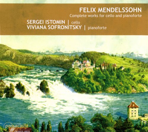 "CD cover featuring a serene landscape painting with a waterfall and castle, brown banner."