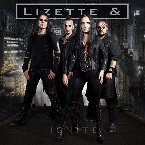 "Album cover with four people in black clothing standing on a city rooftop."