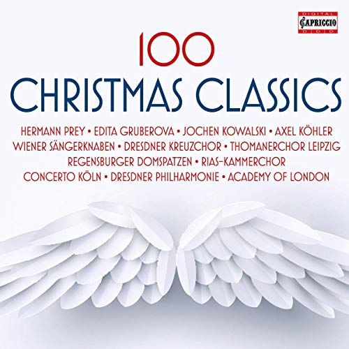 White angel wings on a white background with "100 Christmas Classics" text.