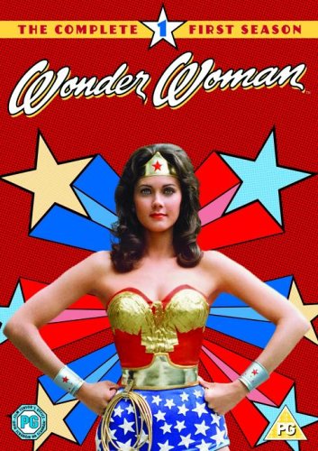 "Wonder Woman DVD cover featuring Lynda Carter in iconic costume against red starburst background."