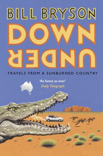 "Book cover with crocodile, car, and kangaroos in the desert, with blue background."