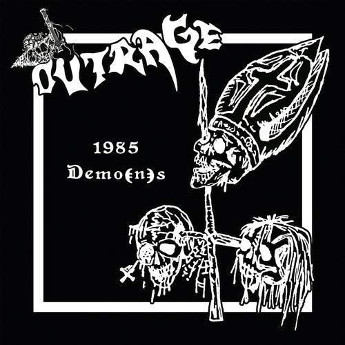 "Black album cover with white illustrations of skulls and 'Outrage' title."