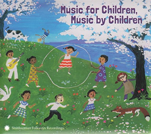 "CD cover art: children playing in a field with a musician."