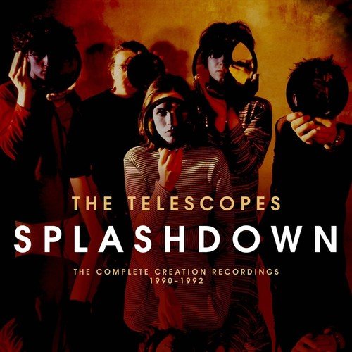 "Album cover with five band members and title 'Telescopes Splashdown' in bold text."