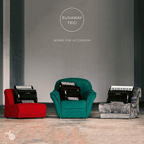 "CD cover featuring three accordions on red, green, and stone chairs."