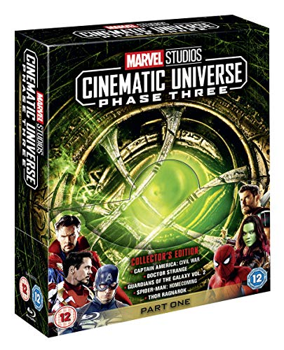 "Marvel Phase 3 Part 1 Blu-ray collection with discs, box, and artbook on a white background."