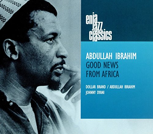 "Album cover featuring a black-and-white portrait of Abdullah Ibrahim with blue text overlay."