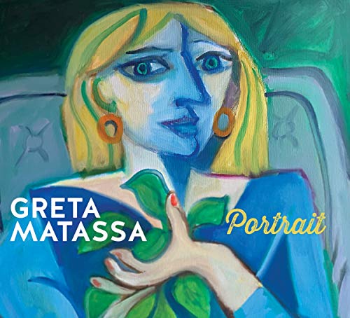"Album cover with abstract portrait of a woman holding a green plant."