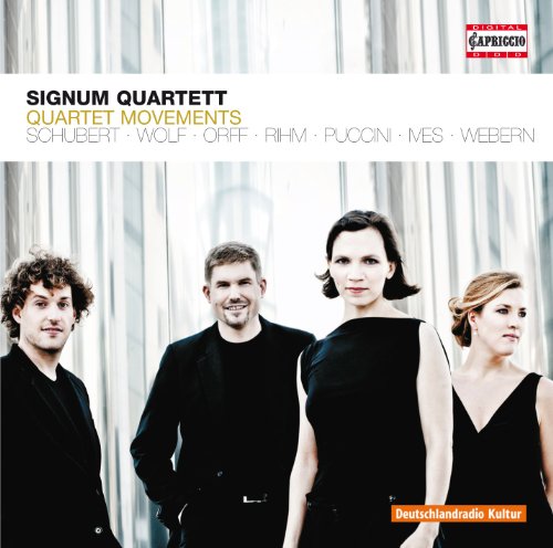 "CD cover featuring four musicians in black, standing in front of white curtains."