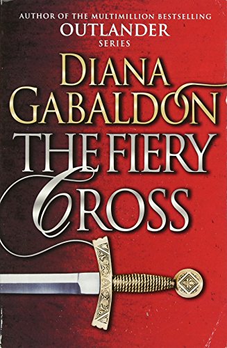 "Book cover of 'The Fiery Cross' by Diana Gabaldon, featuring a sword against a red background."