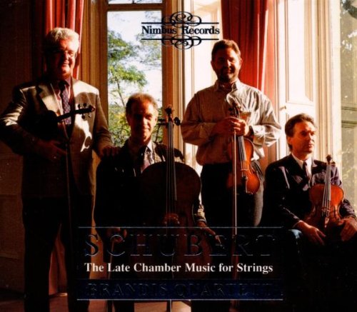 "CD cover featuring four men playing string instruments in front of a window."