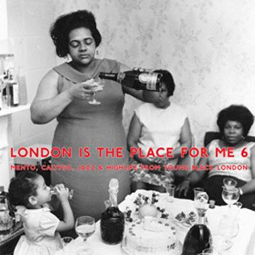 "Black and white album cover with a woman pouring champagne for a child."