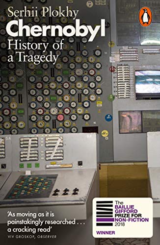 "Chernobyl: History of a Tragedy" book cover featuring a control room with dials and buttons.