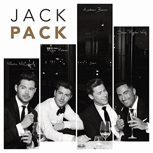 "CD cover with four men in suits, black and white photos, on a white background."
