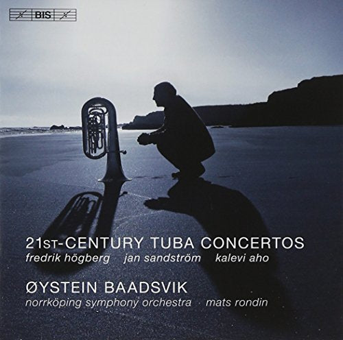A man crouches beside a tuba on a dark, wet beach at dusk.