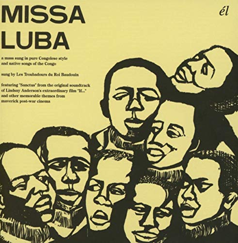 Yellow album cover with black illustration of seven men's faces and text "Missa Luba".
