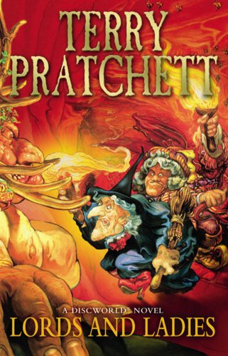 The image depicts the cover of "Lords and Ladies" by Terry Pratchett. Alt text: Book cover with cartoon witches and red background, titled "Lords and Ladies".