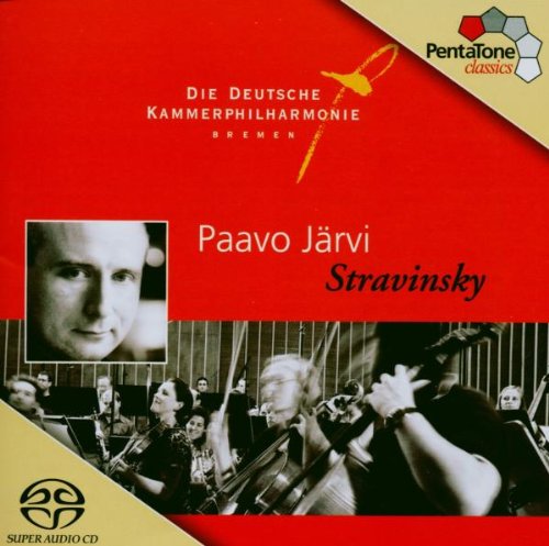 Red CD cover with black and white orchestra image and conductor's portrait.