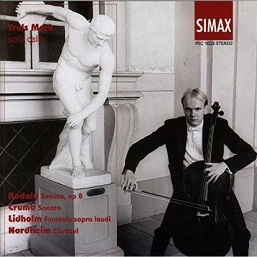 "CD cover featuring a man playing cello beside a classical statue."